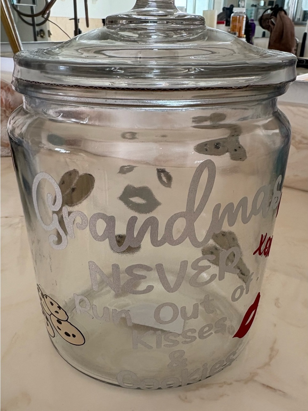 Grandma's Never Run Out of Kisses & Cookies Glass Cookie Jar